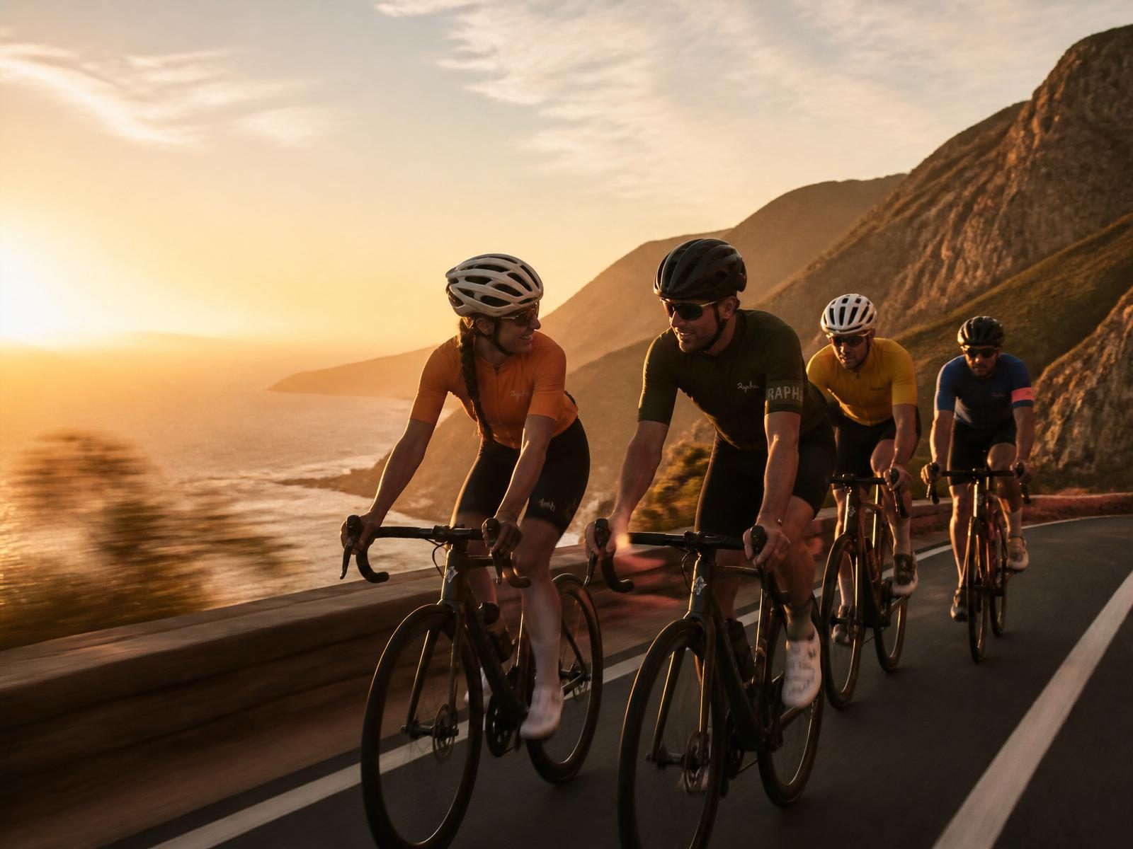 Group of crew friends road cycling together along a coastal mountain pass at golden hour