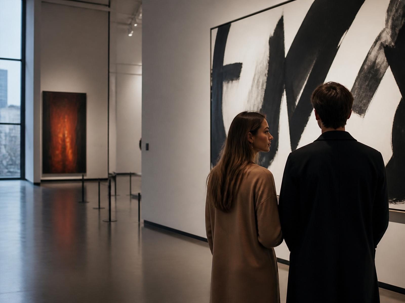 Two friends viewing large modern artworks in a contemporary gallery