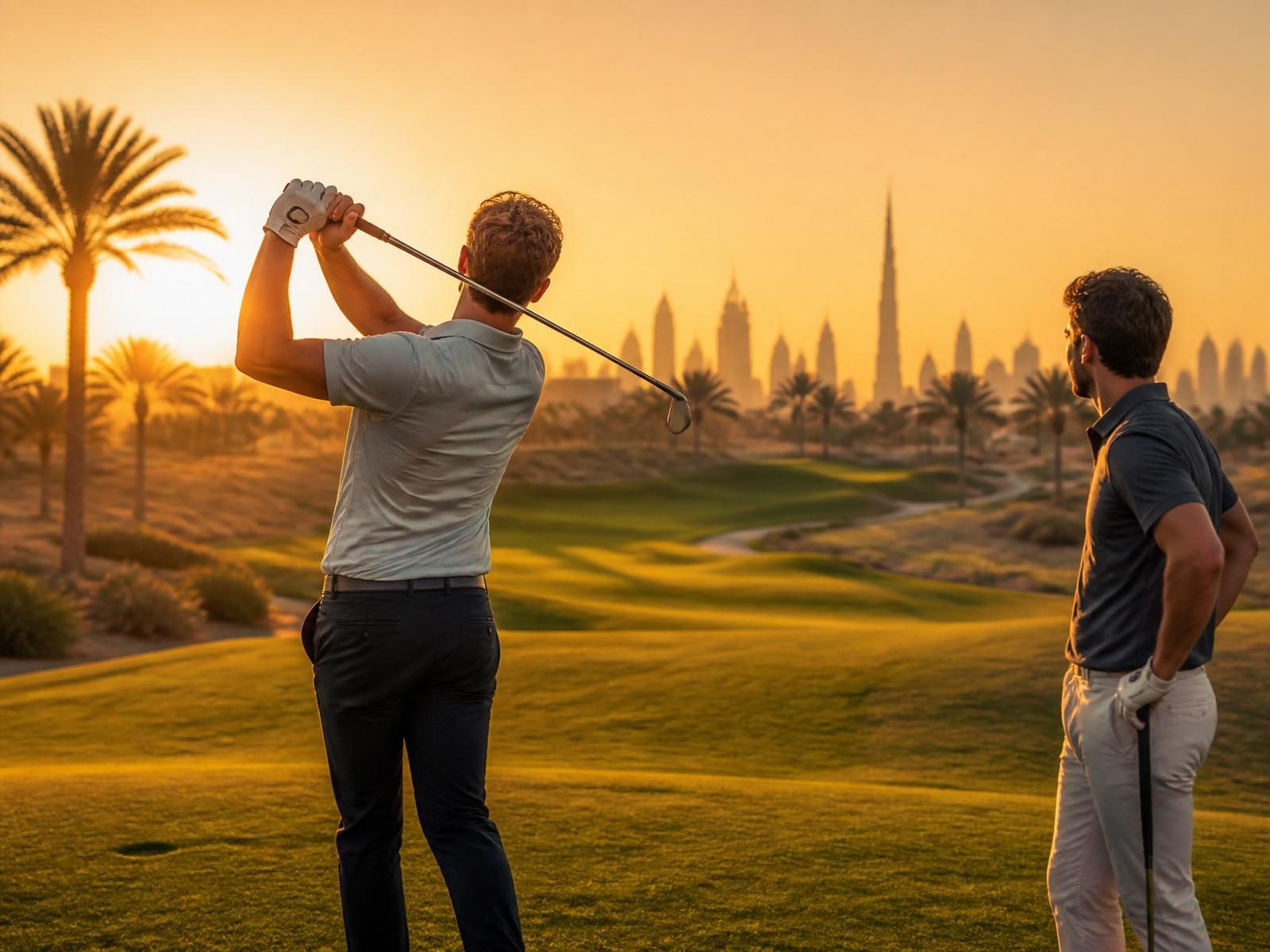 Two friends playing golf on a Dubai fairway at sunrise with the city skyline behind