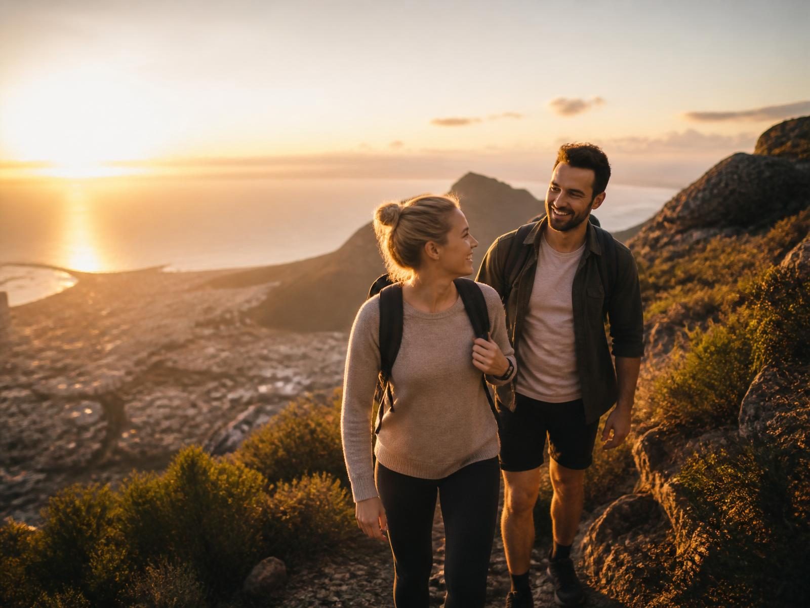 Two friends hiking above Cape Town at golden hour, ocean view in the distance