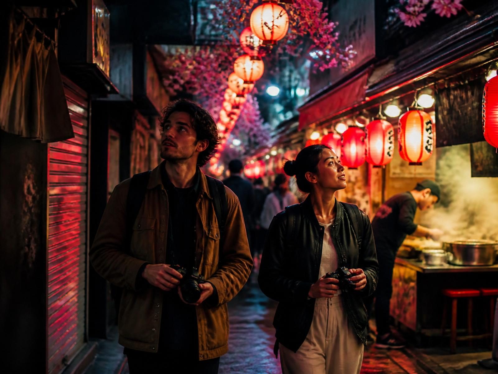 Tokyo night-market alley lit by red lanterns, two friends exploring with cameras
